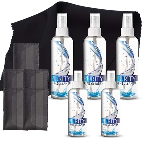 Purity Eyeglass Cleaner Mega Pack - Multi-Size Lens Cleaner Kit - 2x2oz, 3x8oz Bottles + 5 Black Premium Microfiber Cloths - Safe for All Lenses, Eyeglasses, and Screens - Streak-Free Formula - style: 10 Piece Set - 3 (8oz + 2 (2oz Lens Spray)) + 5 (Micro