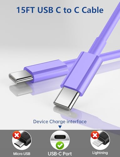 15FT USB C to USB C Cable, Long 60W USBC to USBC Cord Fast Charging | Extra Long Type C to Type C Cable for iPhone 17 16 15 Pro Plus Pro Max,Galaxy S26/S25/S24,iPad Pro/Air,MacBook Pro/Air,Purple - color: Purple, size: 15ft