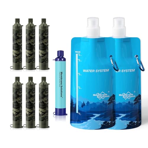 Membrane Solutions Squeezable Water Filtration System, Survival Water Purifier Kit, Portable Backpacking Gear Including Water Filter Straw and 23oz Collapsible Bottle for Hiking Camping Travel(7+2)