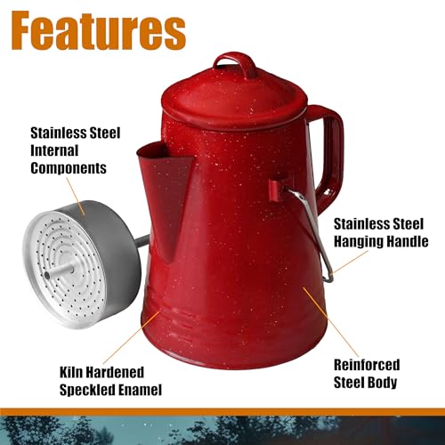 GRIP Coffee Percolator (Red) - Durable Glazed Enamel Steel - Prepare Coffee Over the Fire - Camping, Hiking, Backpacking, Fishing, Hunting - (8 Cups)
