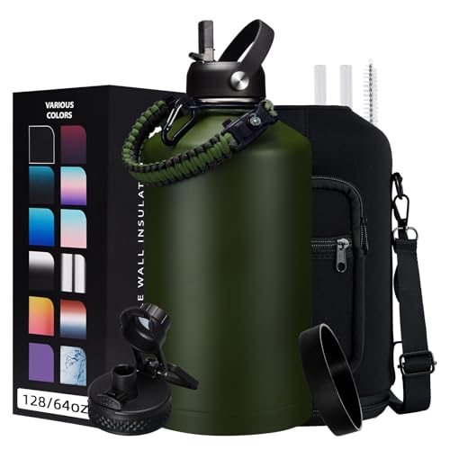 128 OZ Insulated Water-Bottles with Strap - 1 Gallon Water Jug with Straw & Spout Lid, Stainless Steel Large Water Bottle Leak Proof, Cold-48h Hot-24h Metal Water Flask w/Paracord Handle, Carrier Bag - color: Army Green, size: 128 Ounces