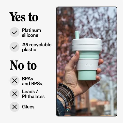 STOJO Collapsible Travel Cup Gift Set With Straw - 2-Pack, Mint Green & Quartz White, 16oz / 470ml - Reusable To-Go Pocket Size Silicone Cup for Hot and Cold Drinks - Microwave & Dishwasher Safe