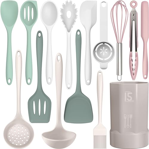 AOTHOD Silicone Cooking Utensils Set - 446°F Heat Resistant Silicone Kitchen Utensils,Spatula,Spoon, Kitchen Utensil Sets Gadgets Tools Set for Nonstick Cookware,Dishwasher Safe BPA FREE (Multicolor) - color: Multicolor