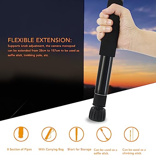 62 Inch Camera Monopod, 8 Sections Heavy Duty Monopod, Aluminum Photography Unipod Stick Trekking Pole with 1/4in to 3/8in Conversion Screw