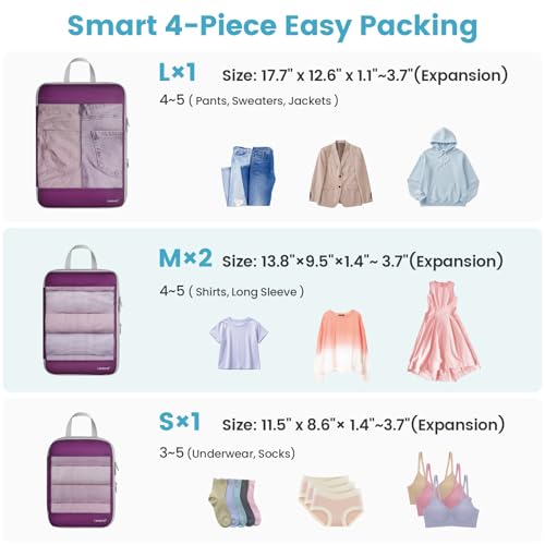 Cambond See Through Mesh Compression Packing Cubes - 4 Piece Expandable Space Saving Packing Cubes for Travel, Lightweight Travel Bags Luggage Packing Organizer Essentials for Suitcases, Purple | Keep Clothes Sorted, See Through Mesh helps quickly find wh