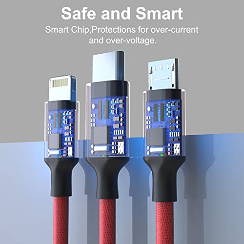 Multi 3 in 1 USB Extra Long Cable, 3M/10Ft Nylon Braided Universal Phone Charger Cord Type C/Micro USB/iPhone Lightning Connector for Android/Tablets/Samsung S8/LG/Pixel/Huawei and More (Red) - color: Red