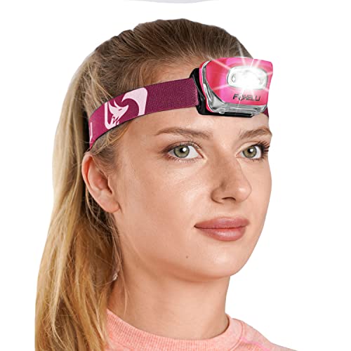 Foxelli LED Headlamp Flashlight for Adults & Kids, Running, Camping, Hiking Head Lamp with White & Red Light, Comfortable Headband, Lightweight & Waterproof, 3 AAA Batteries - color: Neon Pink