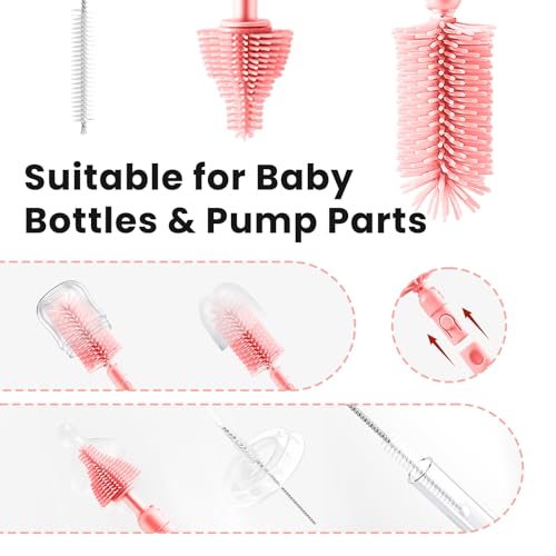LEQXGO Travel Baby Bottle Cleaner Kit with Storage Case, 7-in-1 Baby Bottle Brush Set with Drying Rack for Breast Pump Parts, Bottle Washing Kit - Baby Travel Essential for Flying & On-the-Go (Pink) - color: Pink