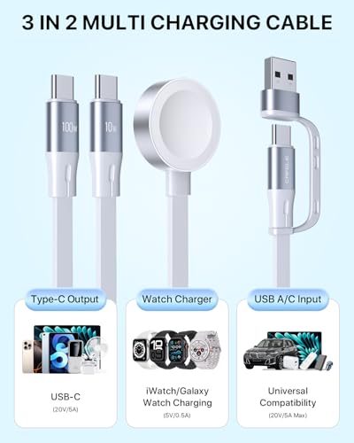 CAFELE 100W Retractable USB-C to USB-C 5A Fast Charging 3-in-1 Cable, Features Magnetic Charging and Overheating Protection, 4.5-Foot USB Type-C for Phone, Notebook, Pad, Watch（White） - color: White-3