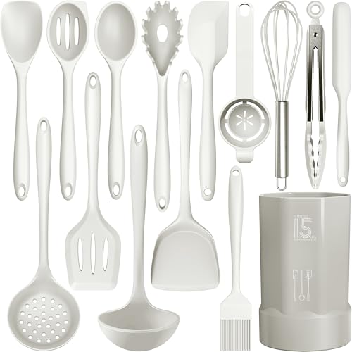 AOTHOD Silicone Cooking Utensils Set - 446°F Heat Resistant Silicone Kitchen Utensils,Spatula,Spoon, Kitchen Utensil Sets Gadgets Tools Set for Nonstick Cookware,Dishwasher Safe Bpa Free (Cream White) - color: Cream White