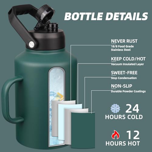 BJPKPK 128oz Stainless Steel Water Bottle, 1 Gallon Insulated Water Jug - color: Army Green, style: 128oz-Side Handle