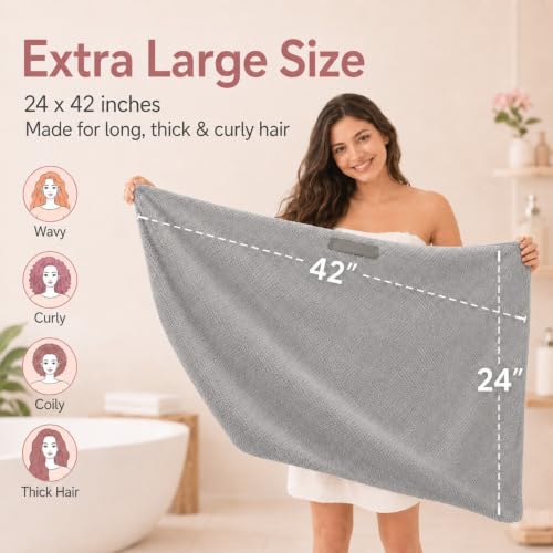 Large Microfiber Hair Wrap Towel for Women, Quick-Dry & Absorbent (Grey) | Absorbs water fast and reduces frizz, fits long and curly hair, soft, lightweight, secure elastic loop keeps wrap in place - color: Grey-1