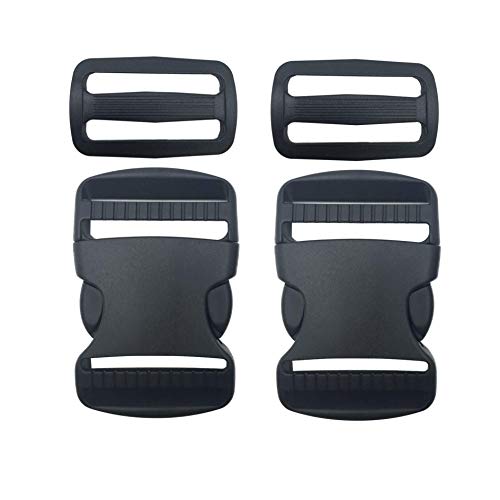 2 Set 1.5” Flat Dual Adjustable Plastic Buckles & Tri-glide Slides | Quick Side Release Buckles for Luggage Straps, Pet Collar, Backpack Repairing (Black, Fit For 1.5 Inch/38mm Webbing Straps)