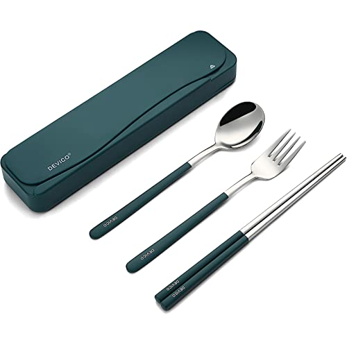 DEVICO Travel Utensils with Case, 4Pcs Portable Silverware Set for Work, 18/8 Stainless Steel Reusable Cutlery, Korean Spoon and Chopsticks Fork for Camping, School, Lunch Box Accessories (Dark Green) - color: Dark-green