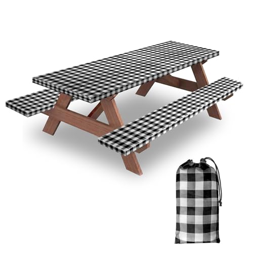 6ft 72" Picnic Table and Bench Cover, 3 Pack, Black-White Checkered | Drawstring Bag, Waterproof Windproof, Elastic Fitted Edges Tablecloth, for Rectangle Table & Seat, Camping Essentials RV Gear - color: Black-white Checkered, size: 72"