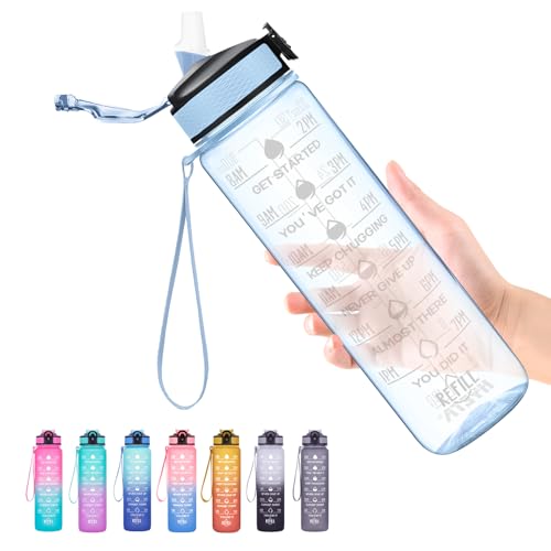 Hyeta Water Bottle with Straw & Time Marker, Plastic 32oz Leakproof - color: Clear Blue