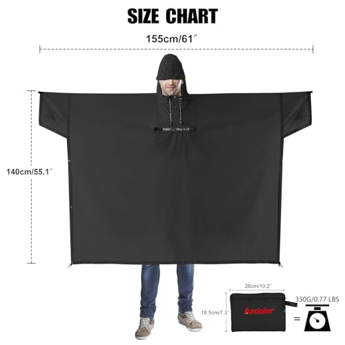Andake Waterproof Rain Poncho for Adults Unisex,230T Ripstop Polyester,Raincoat Gear with Transparent Viewing Window Outdoors - color: Black