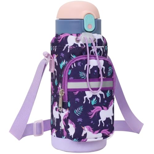 Water Bottle Holder for Kids - Water Bottle Carrier with Strap - color: 1-Purple Unicorn