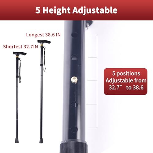Folding Walking Cane for Seniors, 5-Level Adjustable Height Lightweight Aluminum Walking Stick with Ergonomic Handle, Portable Travel Cane with Anti-Slip Tip, Foldable Mobility Aid for Men Women - color: Silver
