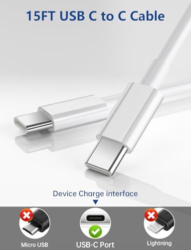 15FT USB C to USB C Cable, Long 60W USBC to USBC Cord Fast Charging | Extra Long Type C to Type C Cable for iPhone 17 16 15 Pro Plus Pro Max,Galaxy S26/S25/S24,iPad Pro/Air,MacBook Pro/Air, White - color: White, size: 15ft