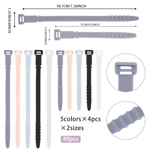 Silicone Zip Ties, Reusable Zip Ties, Rubber Cable Ties for Cable Management, Everyday Essentials,Travel Essentials,Office Camping Accessories,Elastic Cord Ties, 40Pcs Cable Straps in Two Sizes - style: Mul-long and Short-40pcs