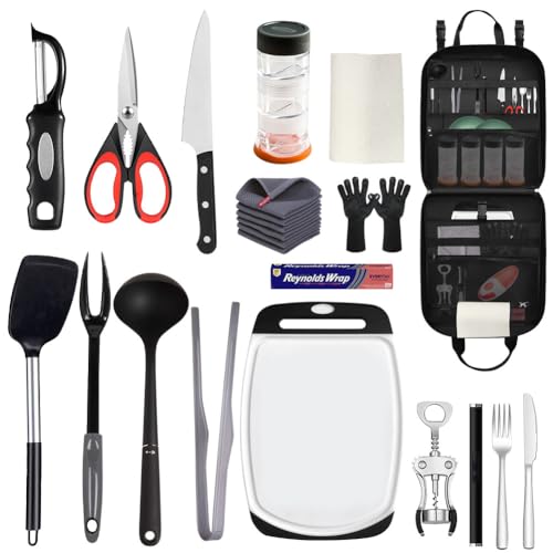 Large Camp Kitchen Organizer, High Capacity Camping Cooking Utensils Bag, with Paper Towel Holder, Multi-pocket Waterproof Camping Utensils Holder for BBQ Outdoor Cooking Essentials