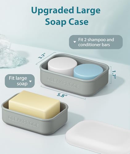 Quatish Large Leakproof Travel Soap Case, Solid Shampoo Bar Holder, Silicone Soap Box with Draining Layer, Enhanced Soap Container, Suitable for Camping, Gym, Bathroom, Outdoor Essentials, Grey - color: Grey, size: Large