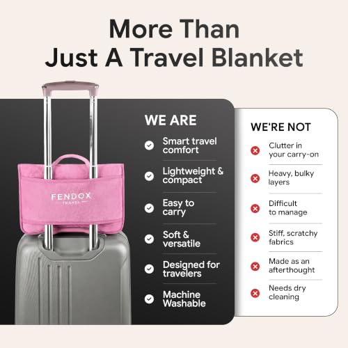 2-in-1 Travel Blanket and Pillow – Lightweight, Compact, Ultra Soft, Machine Washable – Handle, Luggage Sleeve, Backpack Clip – for Trave Airplane, Car, Office (light pink) - color: Light Pink