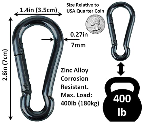 Black & Silver Zinc-Galvanized Heavy Duty Bushcraft Carabiner Spring Snap Clip Link Hooks 200-500lb Load 2, 6 & 12 Packs - color: 7cm (2.8in) Black 6 Pack