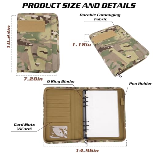 Military Padfolio Ring Binder with 80 Sheets 160 Pages of Leaf Paper, Military Notebook with Zippered Padfolio Organizer, Refillable Tactical Notebook 6-Ring A5 Notebook Paper (10" x 7.3") - size: Medium (A5 - 5.6in x 8.3in)