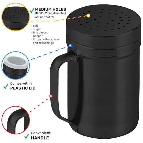 CUSINIUM 14oz Black Stainless Steel Salt Pepper Dredge Shakers - With Plastic Cap - With Handle - Pack of 2 - color: Black, size: 14 Oz