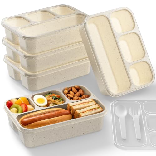Bento Box 5-Pack, 4-Compartment Lunch Box for Women, Men & Kids, BPA-Free Wheat Straw Snack Containers, Ideal for Meal Prep, Travel, School, Work (White) - color: White