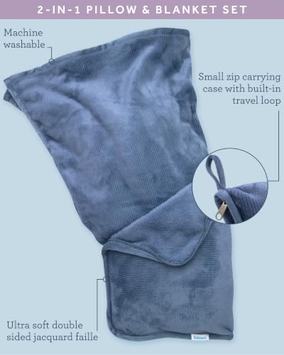 Bliss Faille Travel Pillow & Blanket Set, 2-in-1, Compact - color: Denim Blue