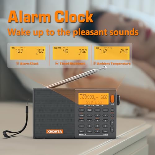 XHDATA D808 Portable AM FM SW LW Air Band Radio SSB RDS Multi Band Radio Speaker with LCD Display Alarm Clock External Antenna (Grey) - color: Grey