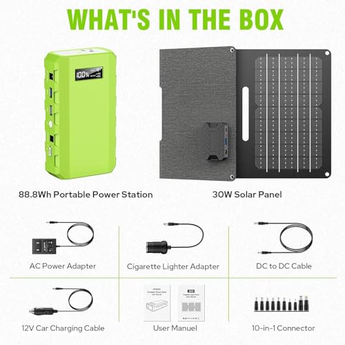 Powkey 24000mAh Portable Power Station with Panels Included 30W - color: Green+black