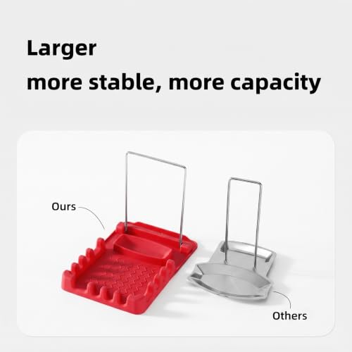 Silicone Utensil Rest with Foldable Stainless Steel Lid Holder – Multi-Slot Spoon & Spatula Holder, Heat Resistant, Non-Slip Rubber Feet, Dishwasher Safe, Space-Saving Kitchen Tool-Red - color: Red