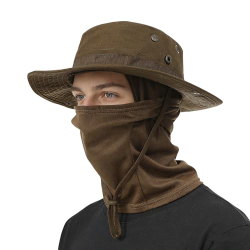 2PCS Camo Boonie Hat Balaclava Face Mask Wide Brim Sun Hat for Hunting Hiking Bucket Cap with Adjustable Strap - color: Brown