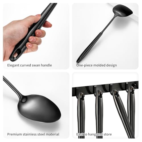304 Stainless Steel Cooking Utensils,6 Pcs Kitchen Cooking Utensils Set with Spatula, Solid Spoon, Ladle, Skimmer, Spaghetti Spoon,Dishwasher Safe(Black) - color: Black, size: 6 PCS