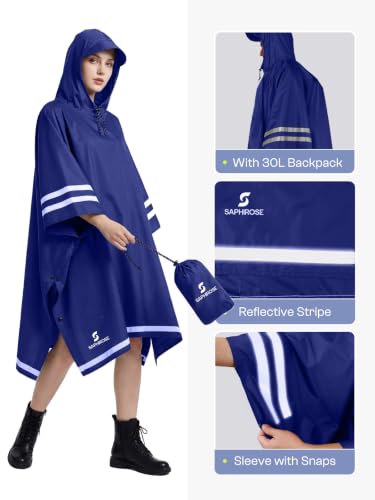 SaphiRose Hooded Rain Poncho Waterproof Raincoat Jacket for Men Women Adults - color: Deep Blue03 (With Reflective Stripes)