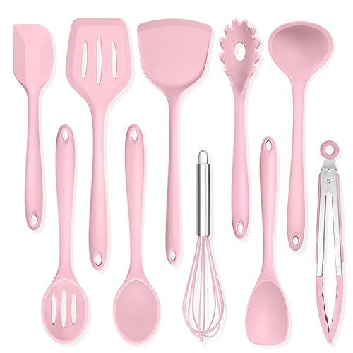TeamFar Silicone Cooking Utensils, 10 pcs Kitchen Cooking Utensils Set | Heat Resistant Kitchen Gadgets Tools Set w/Spatula, Turners, Spoons, Soup Ladle, Pasta Server for Nonstick Cookware, Pink - color: Pink