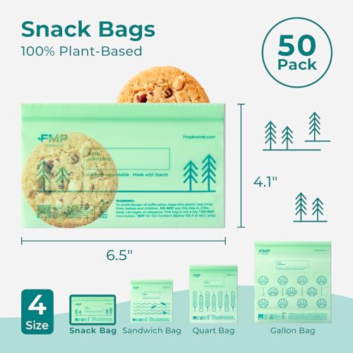 Fit Meal Prep 50 Pack 100% Compostable Snack Bags, 6.5 x 4.1" Resealable Food Storage Bags Snack Size, Plant-Based Freezer Bags for Food, ASTM D6400, US BPI & EU OK Compost Certified - style: Snack