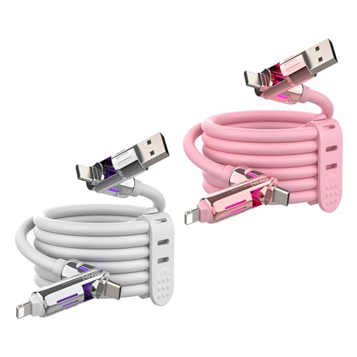 MFish 2-Pack 240W 4-in-1 Multi Charging Cable, Pink+White, 6.6FT | Carrying Case, USB-A & USB-C to USB-C/Lightning, For iPhone 17/16/15/14, MacBook, iPad, Laptop, Samsung S25/S24 - color: Pink+White, size: 2-Pack 6.6FT