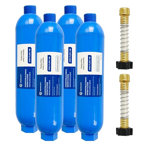 Hourleey 4 Pack RV Inline Water Filter with 2 Flexible Hose Protector, Reduce Bad Taste, Odors, Rust, Fluoride, Chlorine and Sediment in Drinking Water, Dedicated for RVs Campers Marines - size: 4 Pack