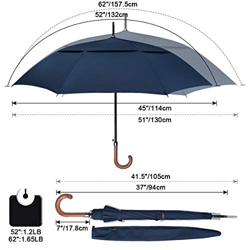 G4Free 52/62inch Golf Umbrella Windproof Large Stick Umbrella Wooden Handle - color: Blue, size: 62 inch