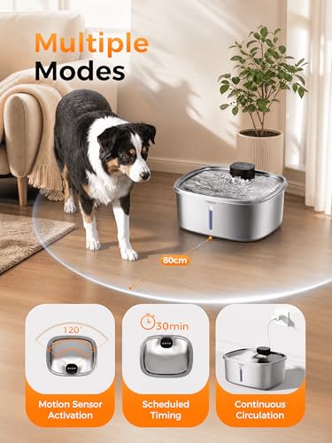 10L Cat Dog Water Fountain, Stainless Wireless Pet Water Bowl | 10L wireless dog water bowl for large dogs&cats, sensor flow, quiet , 4000mAh battery, 15-25 day runtime and 1 filter set