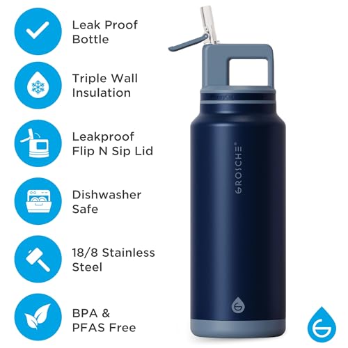 GROSCHE Alpine Flip N Sip Insulated Bottle with Straw, Mountain Blue, 40 oz - color: Mountain Blue, size: 40 Ounces