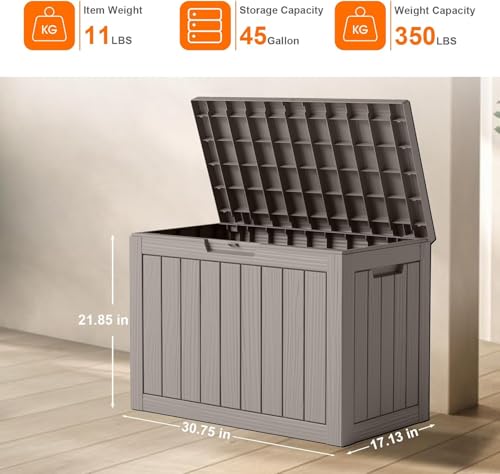 PatioZen 45 Gallon Resin Deck Box, Outdoor Lockable Storage Box with Divider for Patio Cushions Storage Furniture, Pool Supplies, Garden Tools, Weatherproof and UV Resistant Grey - color: Grey, size: 45 Gallon