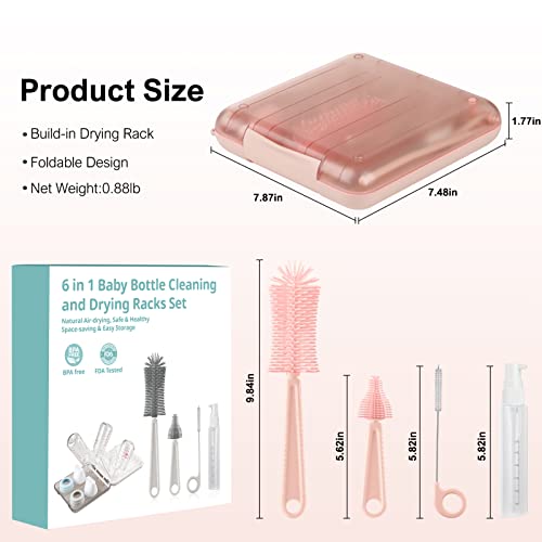 6 in 1 Baby Bottle Cleaner Set with Drying Rack,Silicone Baby Bottle Brush,Straw Brush,Nipple Brush,Soap Dispenser and Storage Box, Portable Baby Essentials for Home&Travel(Pink) - color: Pink