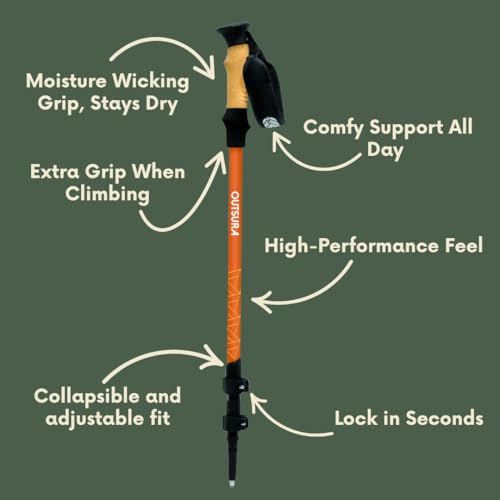 Outsura Carbon Fiber Hiking Stick 2 Pack – Professional Grade, Collapsible Trekking & Walking Sticks for Hiking - color: Sunset Orange