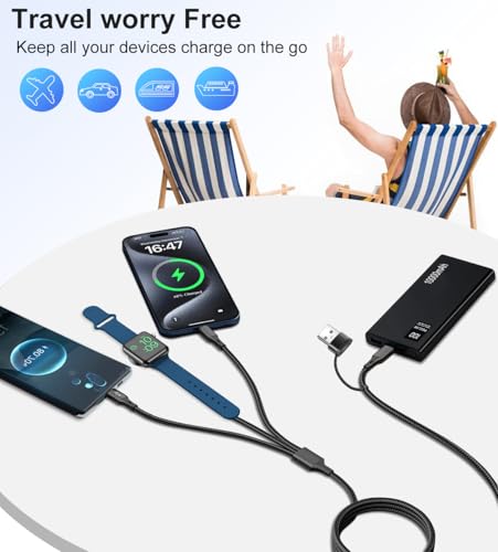 Multi Charging Cable for Apple Watch Charger 2Pack 4ft for Multiple Devices | USB C Multi Charger Cord Travel for iWatch Ultra 2/SE 2/10/9/8/7/6/5/4/3/2/1, iPhone 16/15/14/13, iPad, AirPods